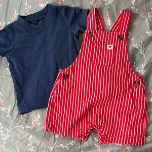 Child of Mine Red Striped Overalls with Navy Tee